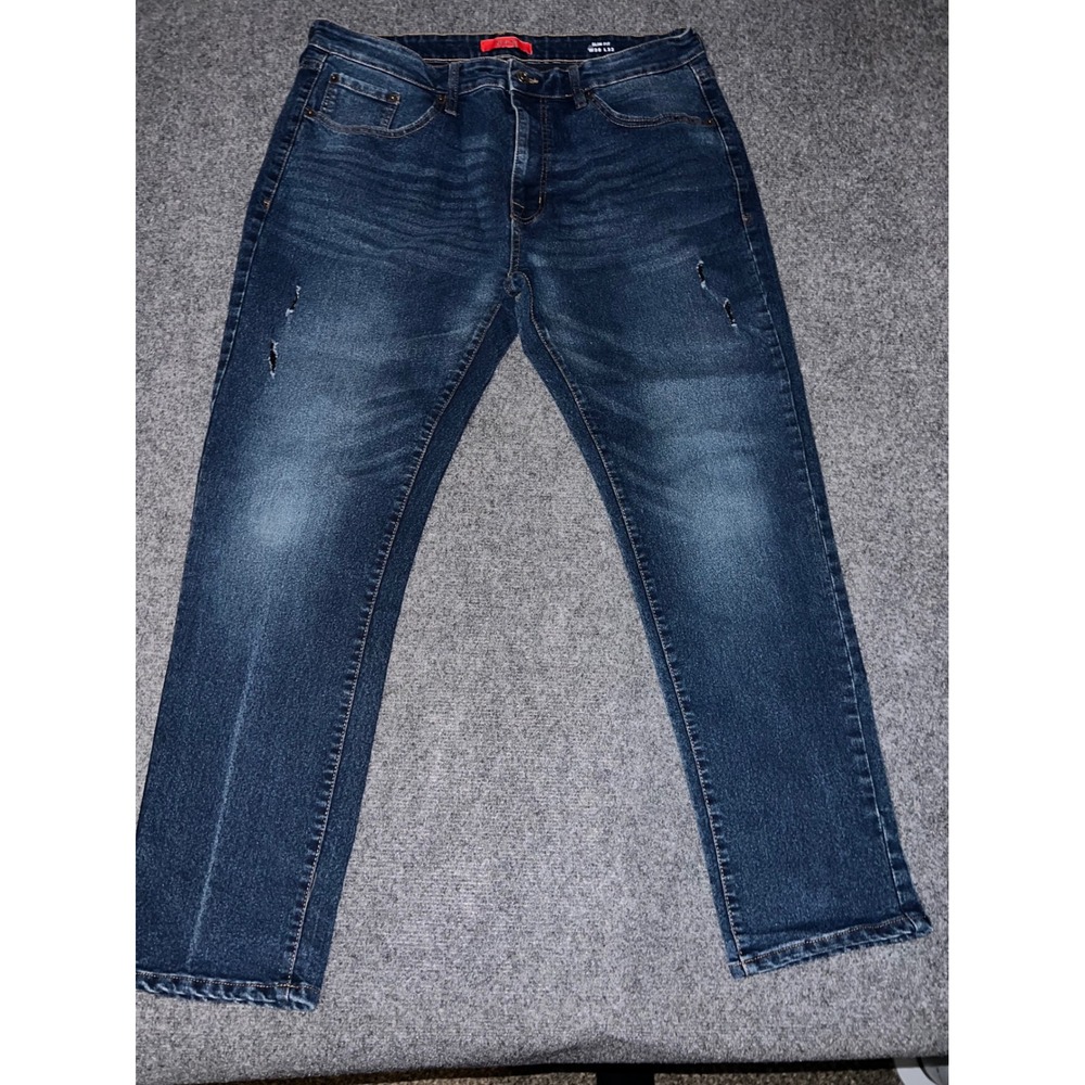 MBX Mens Slim Fit Jeans 38x32 Dark Wash Blue Distressed Denim Pants